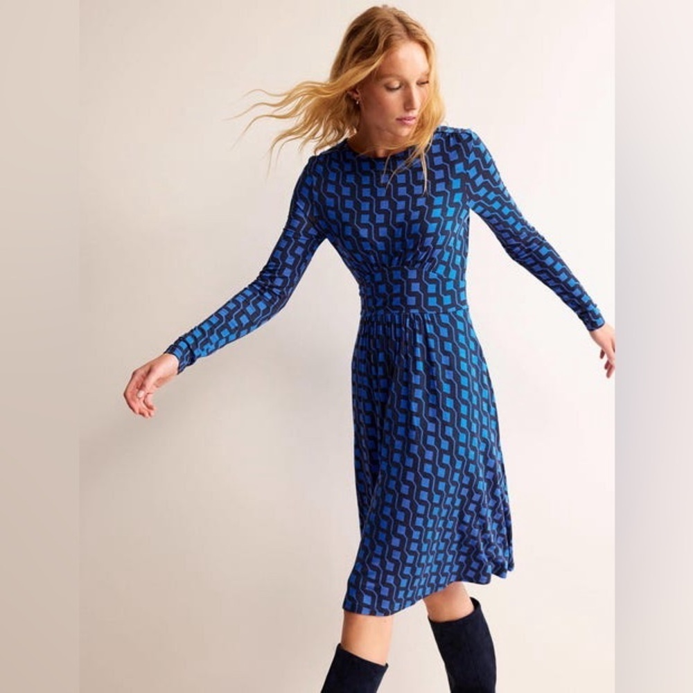 NWT Boden Thea Blue Black Geometric Long Sleeve Dress
